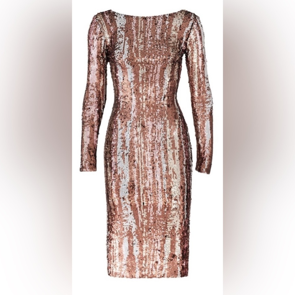 NWT Dress the Population Emery Sequin Midi Dress Matte Bronze Multi Medium - Picture 6 of 14